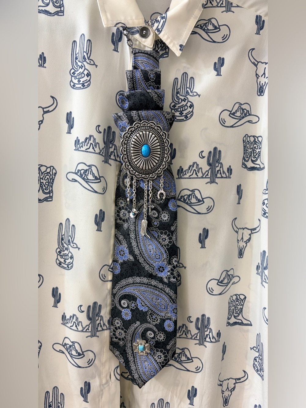 Blue Paisley Tie Necklace Accessory with Silver Concho Western Unique Upcycled - Picture 5 of 5